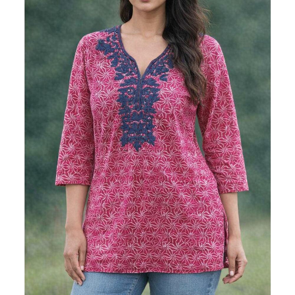 Roller Rabbit 3/4 Length Sleeve Embroidered V Neck Tunic Top Pink Blue XS